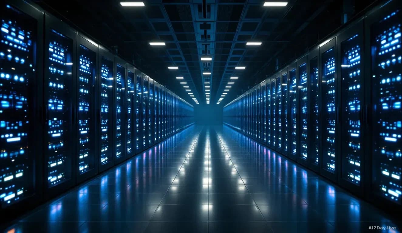 Illustration: A vast server room with long rows of glowing blue rack-mounted computers stretching to the horizon