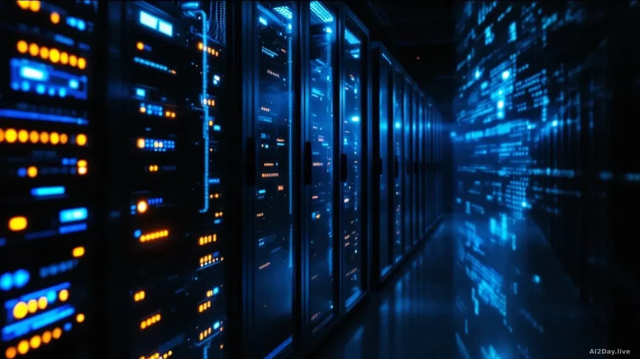 Photoreal editorial image of a dimly lit server room with rows of glowing blue and amber indicator lights on rack-mounted machines, one open cabinet showing exp