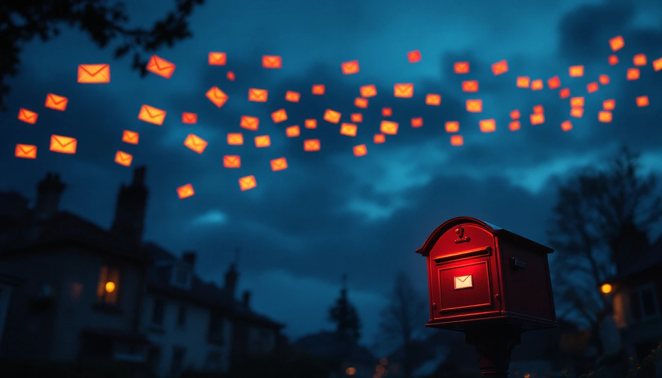 A stream of glowing envelopes flying across a dark sky into a single warm letterbox
