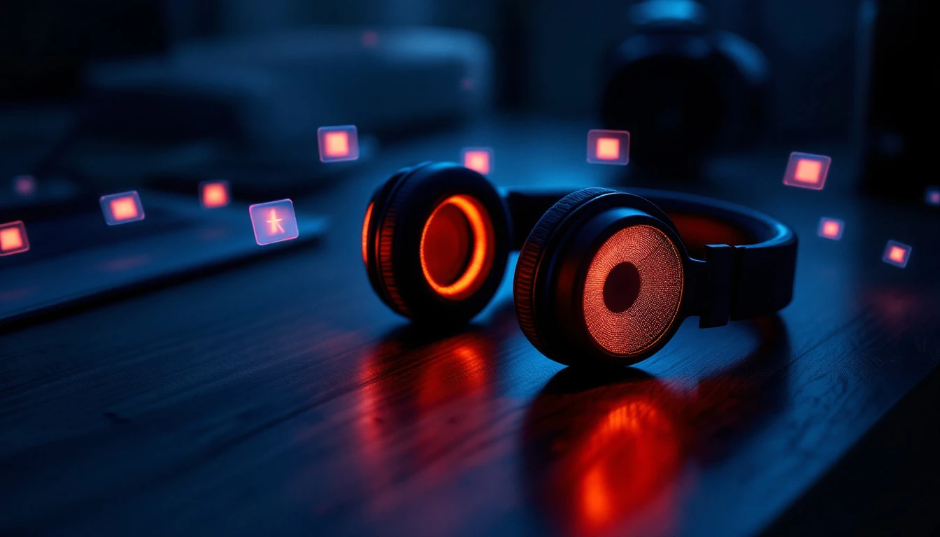 A pair of glowing headphones resting on a desk, sound waves rippling outward as small screens light up in the dark around them