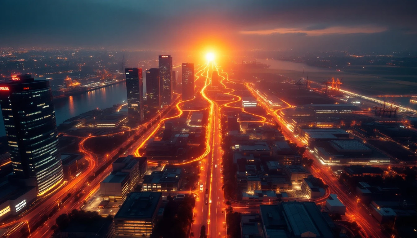 A city at dusk where glowing threads of light connect a hospital, a bank tower, a farm and a factory to one bright core