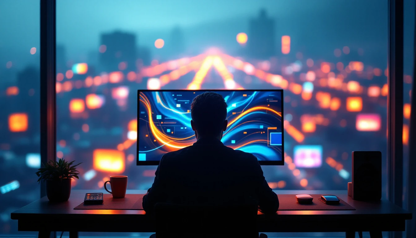 A reader's desk at dawn where streams of light from dozens of distant screens converge into one clear display