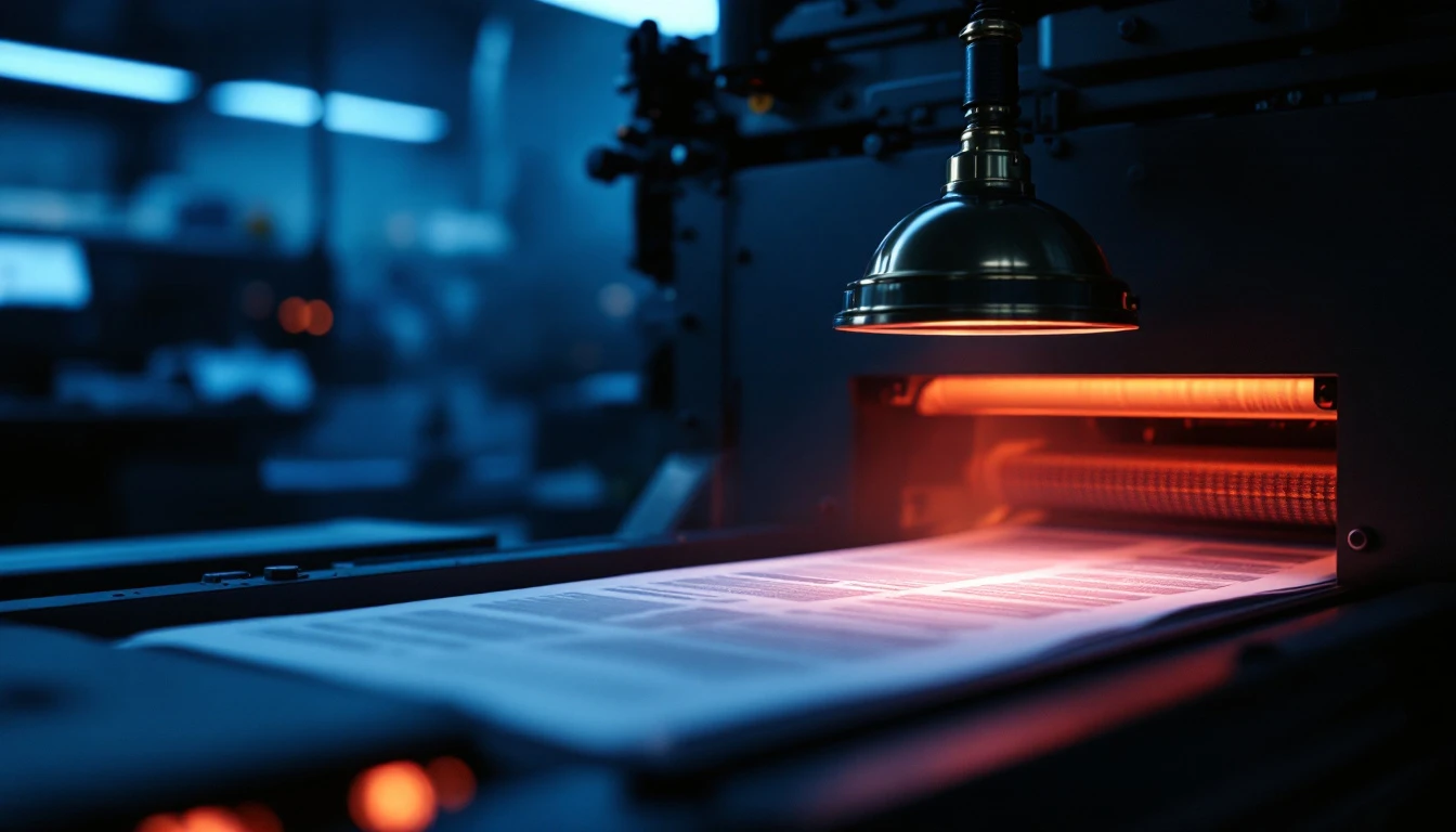 A printing press whose sheets pass under a magnifying glass, each page stamped with a small check mark