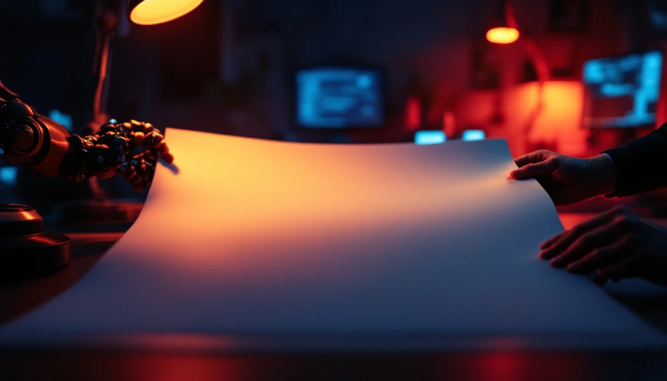 A newsroom desk at night where a robotic arm and a human hand hold two ends of the same sheet of newsprint