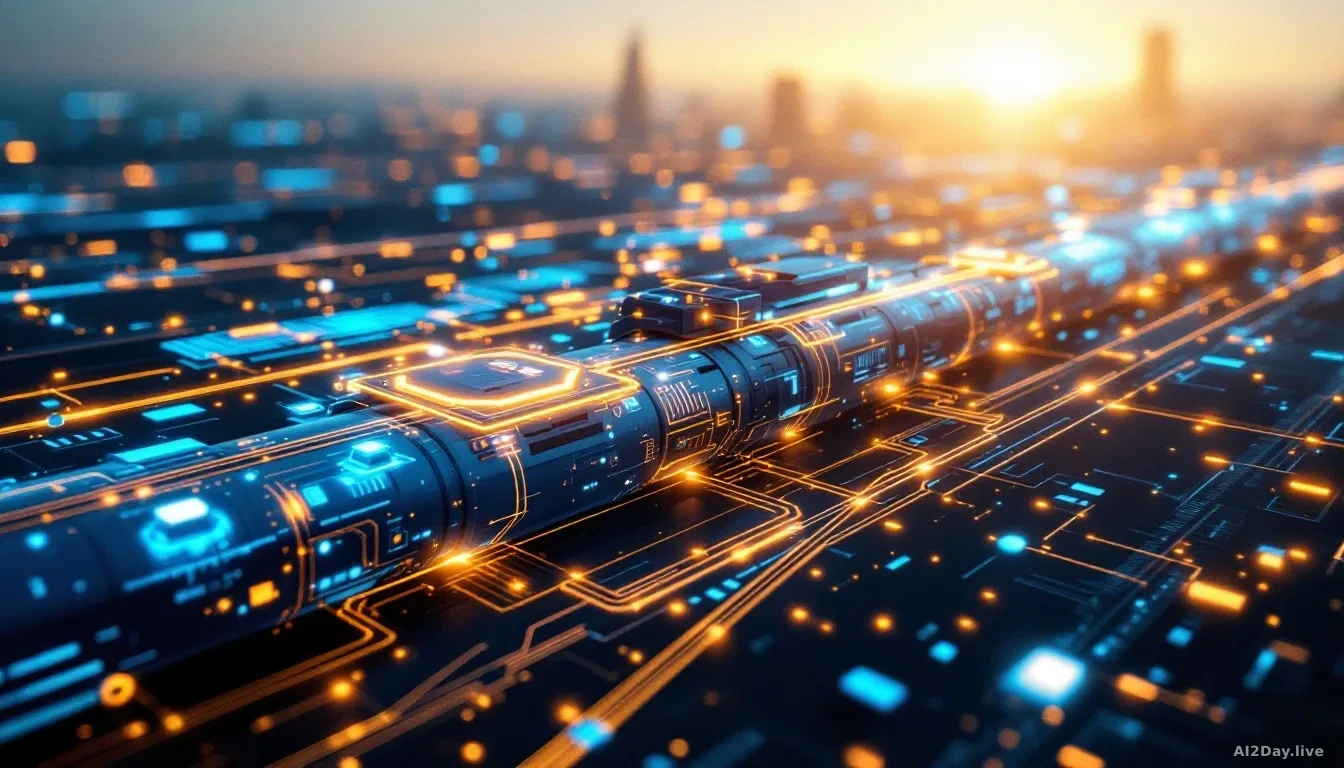 A futuristic AI system with compliance checkpoints integrated into a digital pipeline