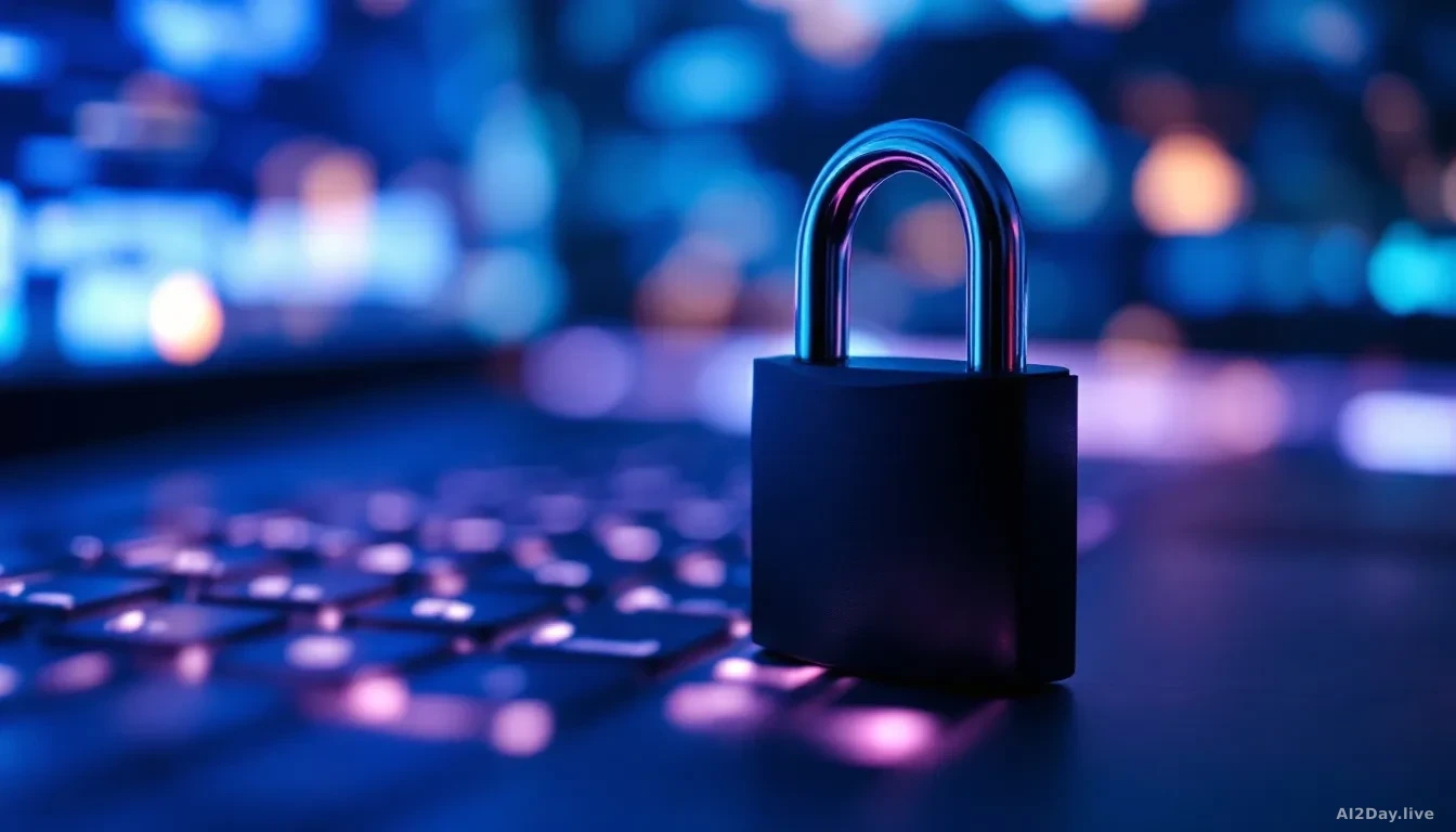 Full-frame edge-to-edge photoreal news-editorial image of a sleek matte-black padlock resting on a softly glowing computer keyboard, cool blue and teal rim ligh