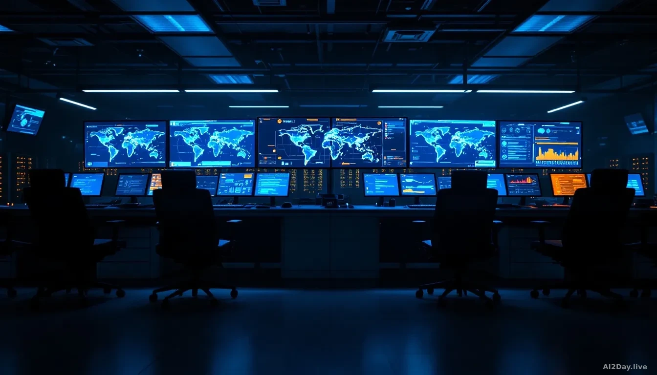 Photoreal news-editorial 16:9 image of a darkened operations center with multiple glowing monitors displaying abstract network topology maps and alert indicator