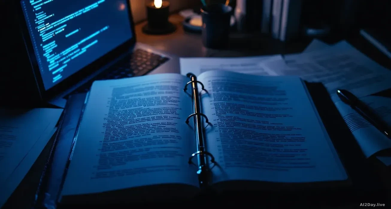 Full-frame edge-to-edge overhead photoreal shot of a dimly lit desk with an open legal binder, a glowing laptop screen showing abstract code in cool blue tones,