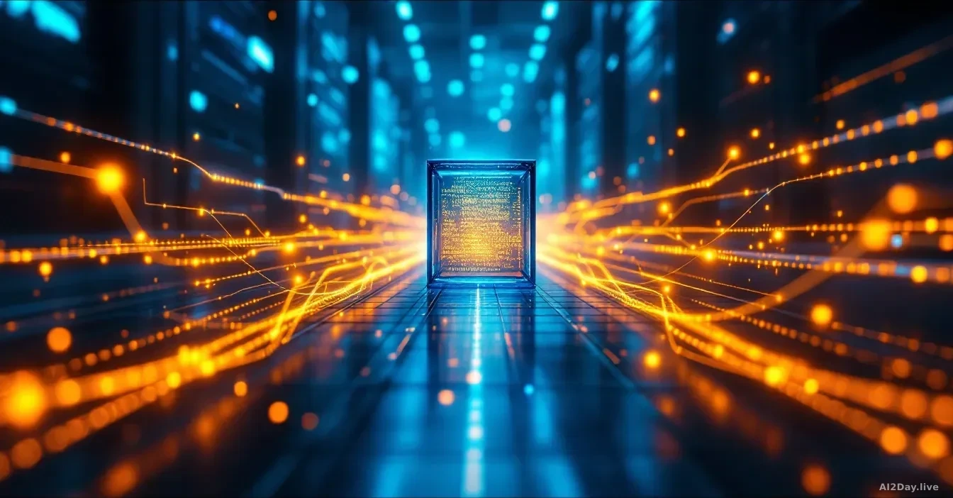 Full-frame edge-to-edge photoreal editorial image of a glowing data pipeline made of fiber-optic strands flowing from anonymous storefront silhouettes into a ce
