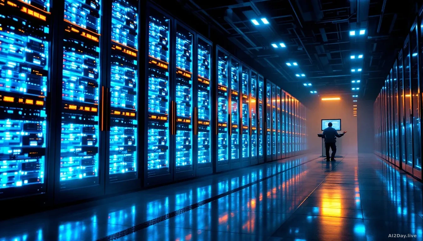 Photoreal news-editorial 16:9 image of a server operations center at night, rows of humming rack servers casting cold blue and amber light across the floor, a s