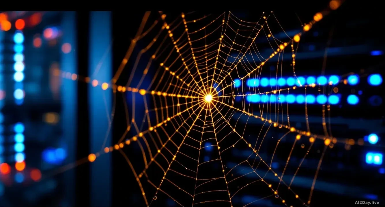 Macro photograph of a glowing amber spider web stretched across a dark server rack interior, dew droplets catching the rack's blue LED light, sharp focus on the
