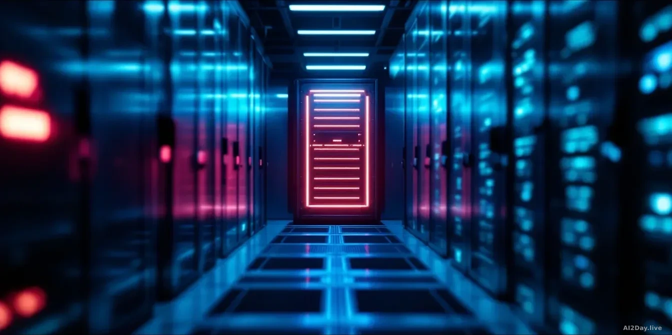Full-frame 16:9 photoreal news-editorial image of a darkened server hall with one rack illuminated red and flanked by closed steel access doors, shallow depth o