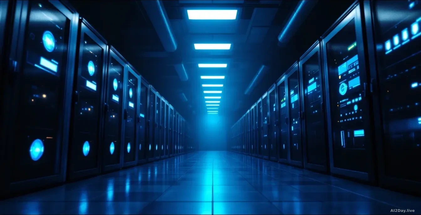 A 16:9 photoreal news-editorial image of a large server room bathed in cool blue light, with geometric access control panels and locked cabinet doors in the for