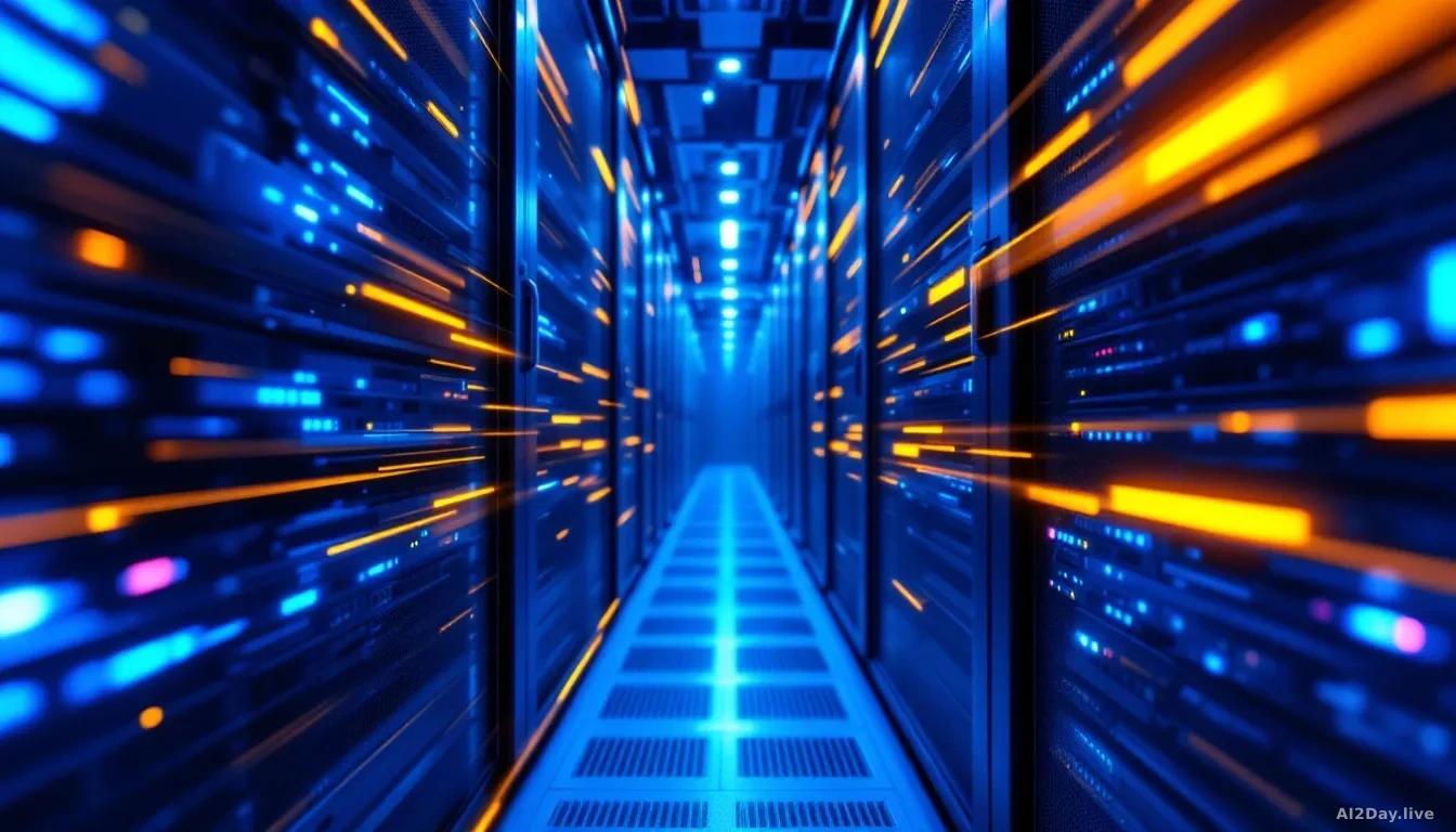 Photoreal news-editorial image, 16:9, full-frame edge-to-edge: a server rack interior bathed in cool blue light, with motion-blurred streaks of amber data trail