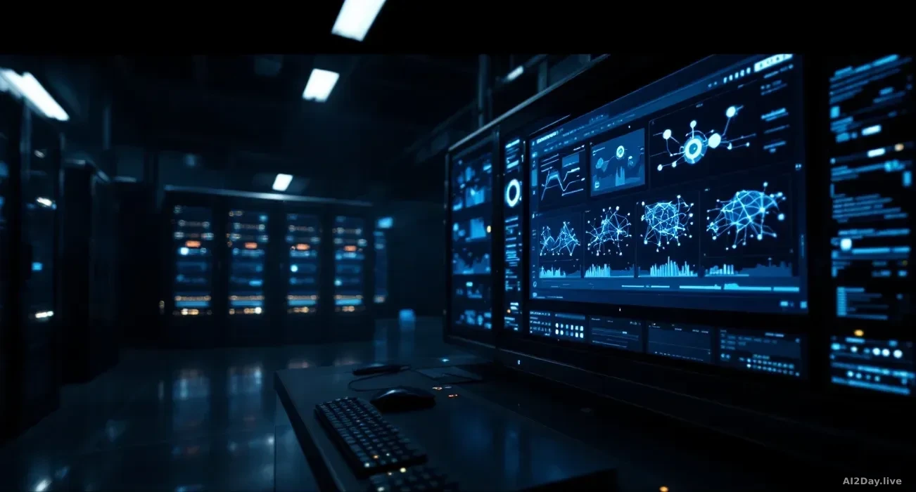 Photoreal news-editorial image of a darkened secure operations room with rack-mounted servers glowing faint blue, a single large monitor showing abstract neural