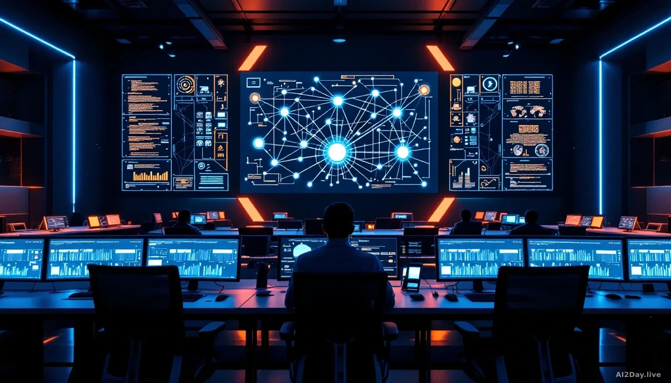 Full-frame photoreal editorial shot of a modern security operations centre at night, banks of monitors glowing blue and amber, one central screen showing an abs