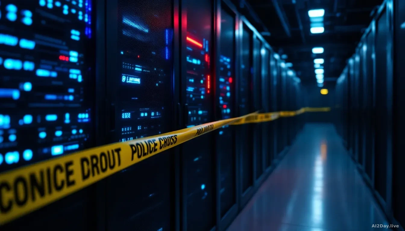 Full-frame edge-to-edge photoreal news-editorial image of a darkened server room with rows of humming rack-mounted servers, one rack cordoned off with yellow po