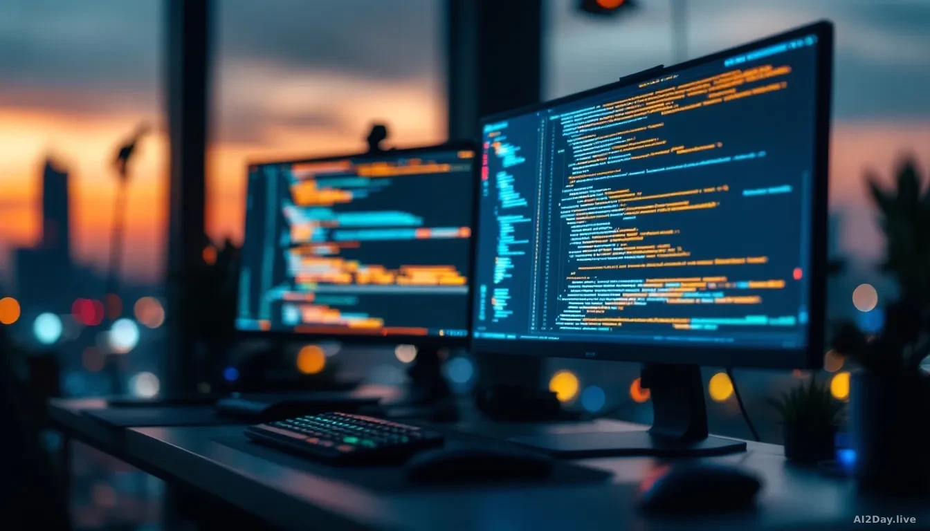 Full-frame photoreal editorial image of a modern developer's desk at dusk, two monitors glowing with abstract lines of code, one screen subtly tinted a cool blu