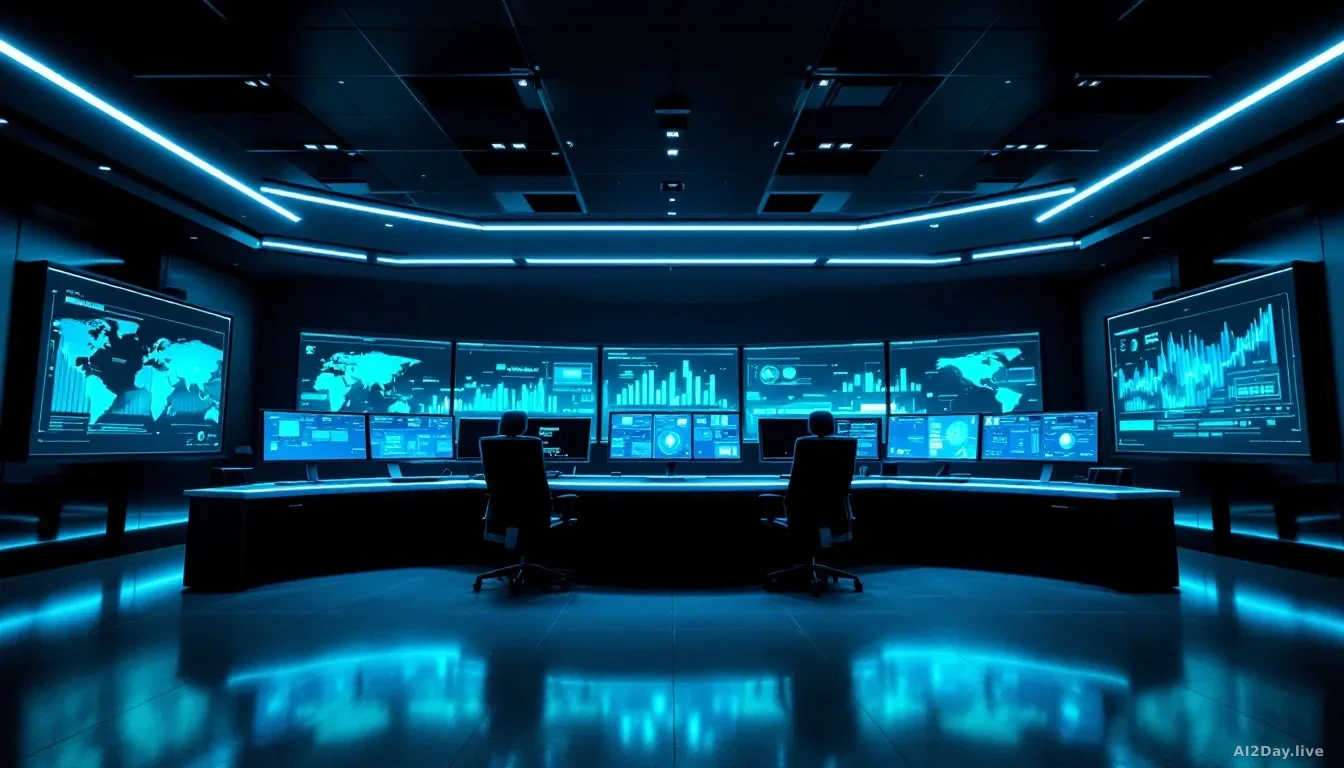 A sleek, modern corporate security operations room photographed from a low angle looking toward a large curved desk with multiple dark monitors displaying abstr
