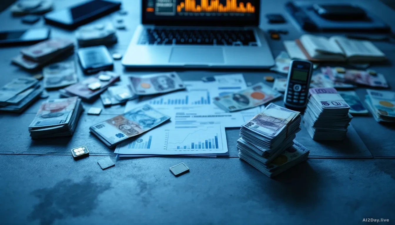Full-frame overhead photoreal news-editorial shot of a police evidence table covered in stacked banknotes of mixed currencies, seized mobile phones, SIM cards a