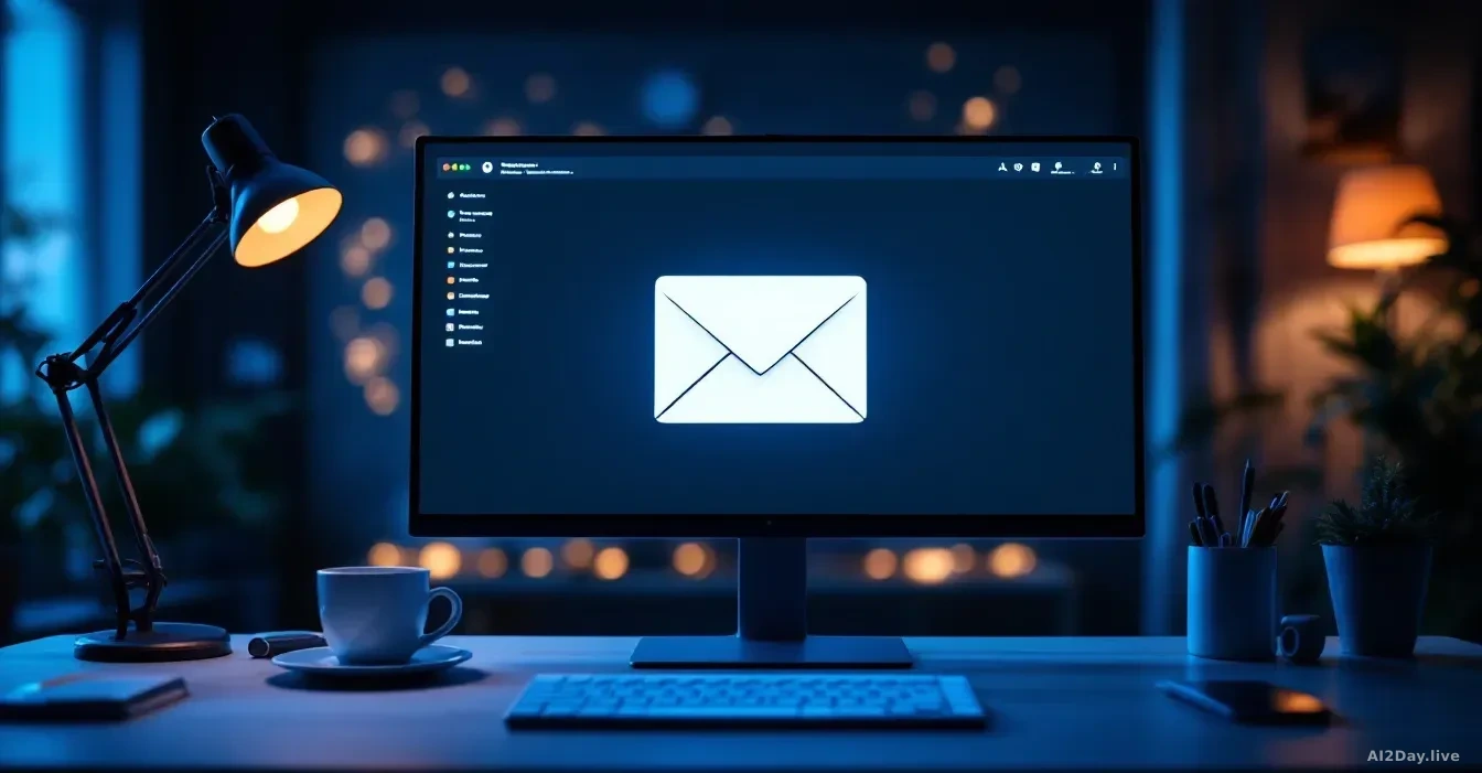 Full-frame photoreal editorial shot of a modern office desk at dusk with a large monitor showing a generic minimalist webmail interface fading into a blurred ri