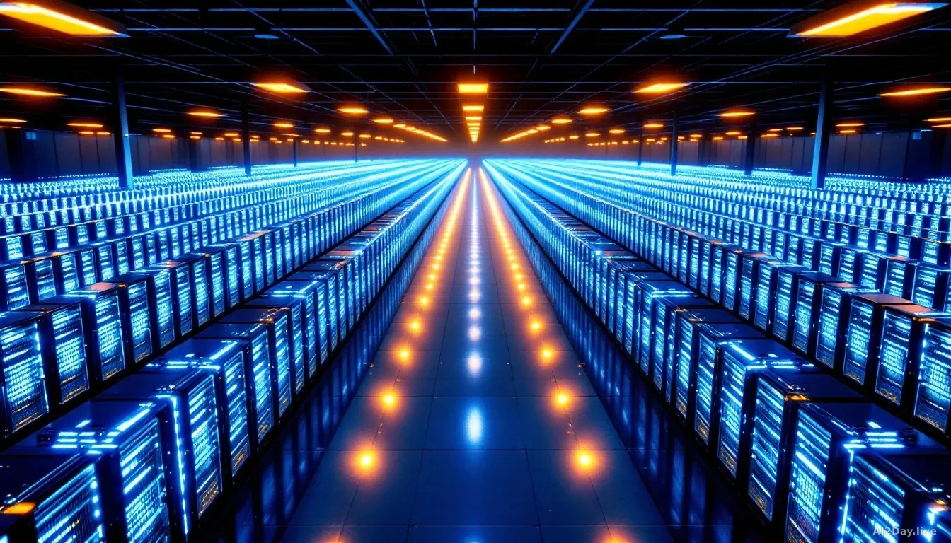 Aerial view looking straight down at a vast warehouse-style server facility, rows of glowing blue and white rack servers stretching to the edges of the frame, w