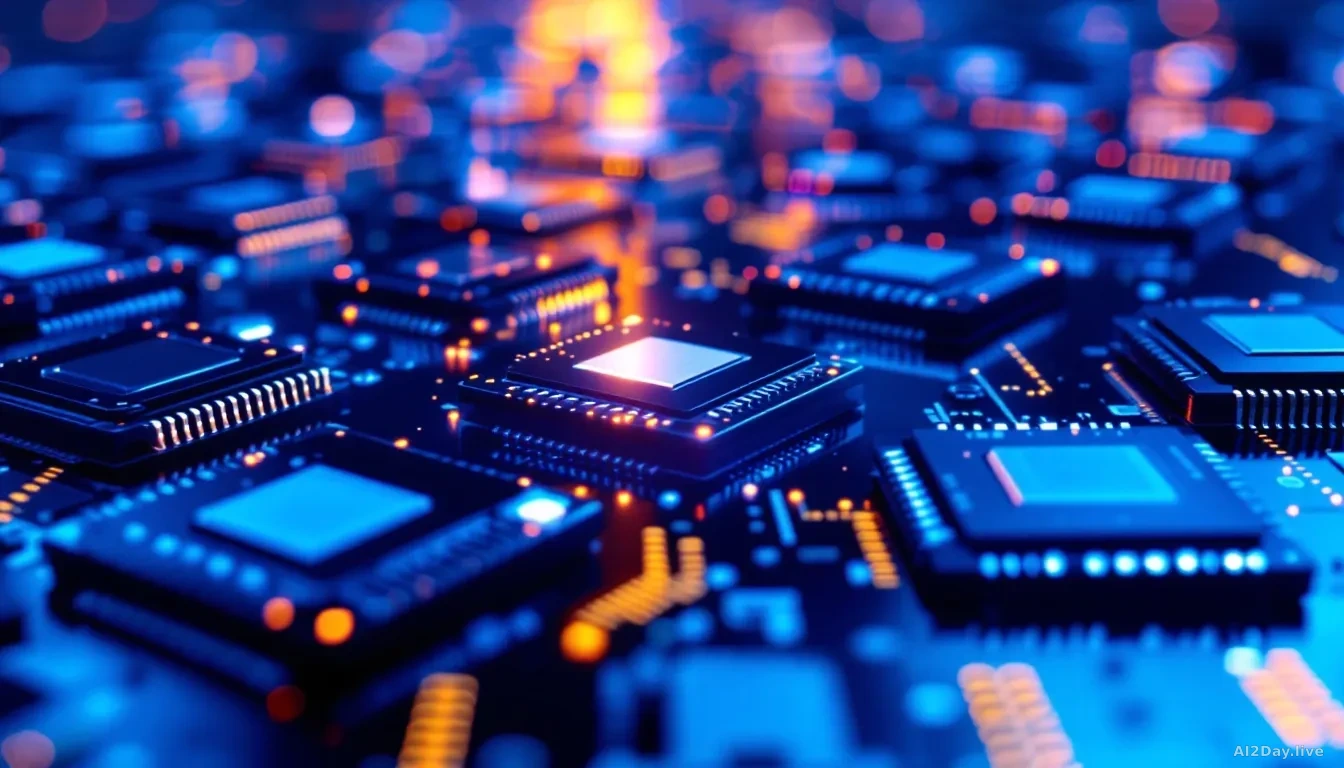 Rows of gleaming silicon memory chips on a dark reflective surface under cool blue-white industrial lighting, macro detail showing circuit patterns, 16:9 framin