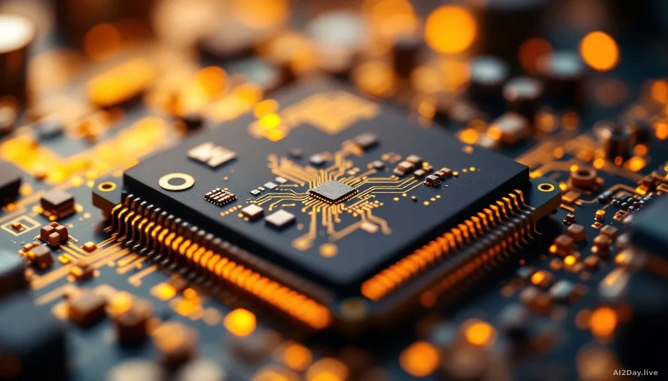 A close-up macro photograph of a modern silicon computer chip on a circuit board, shot in warm studio light with shallow depth of field, showing intricate gold 