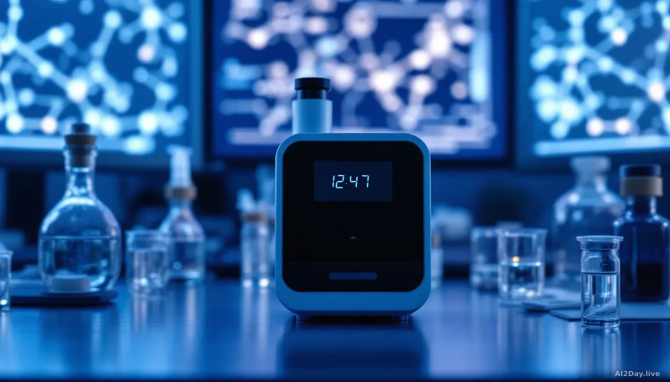 Close-up, 16:9, photoreal news-editorial photograph of a compact silver and black scientific instrument sitting on a laboratory bench, surrounded by glass vials
