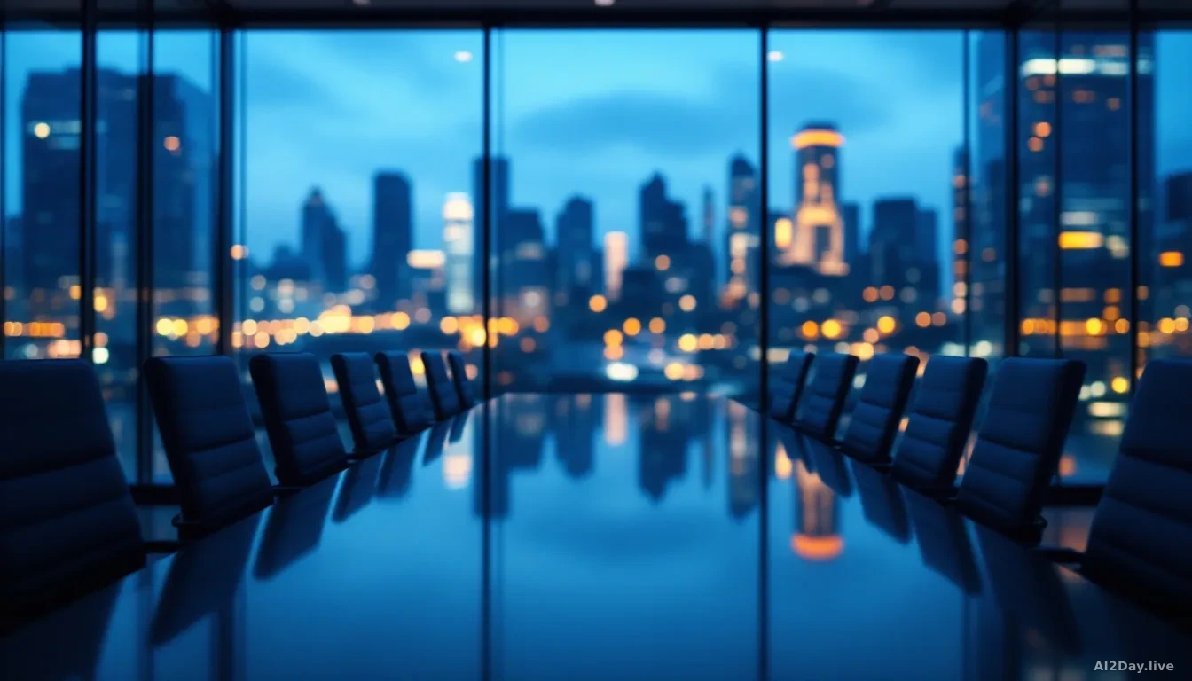 A wide 16:9 editorial photograph of an empty glass-walled boardroom at dusk, chairs pulled back from a long table, city lights blurring softly through floor-to-