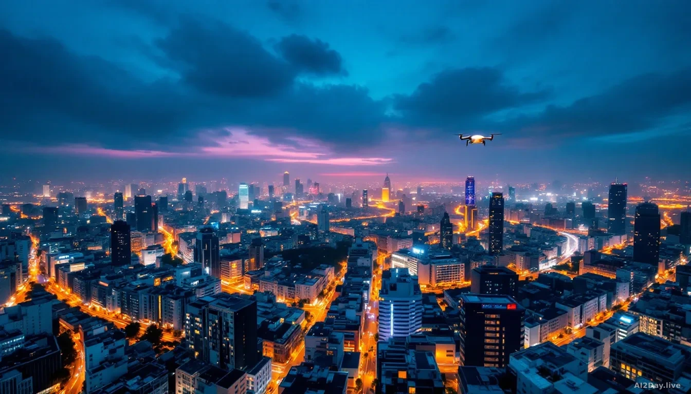 Aerial 16:9 editorial photograph looking down on a vast modern Chinese city skyline at dusk, warm amber streetlights below a deep blue sky, a small white commer