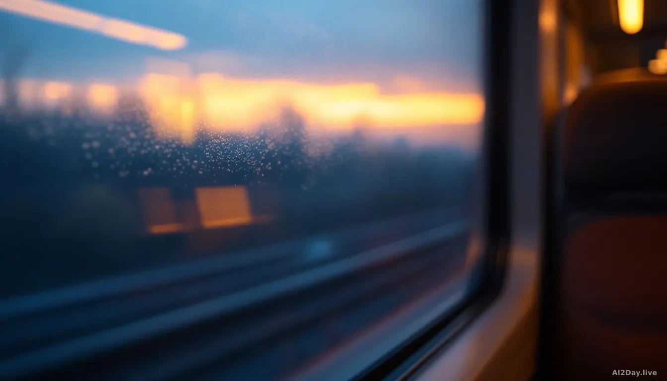 A blurred commuter train window at dawn with a faint reflection of an open laptop screen glowing on the glass, empty seat beside it, soft morning light filterin