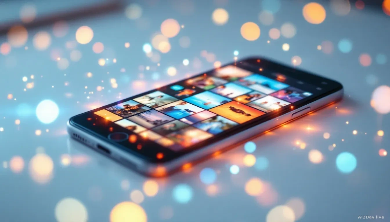 A glowing smartphone screen showing a grid of colourful Instagram-style photo thumbnails, surrounded by soft abstract digital light patterns suggesting data flo