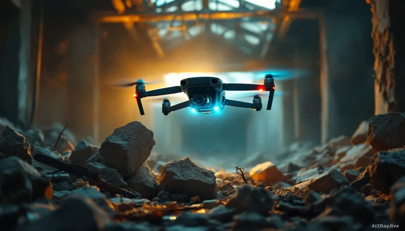 A compact quadcopter drone hovering low over broken concrete rubble and twisted metal debris in a dim industrial interior, soft amber emergency lighting casting