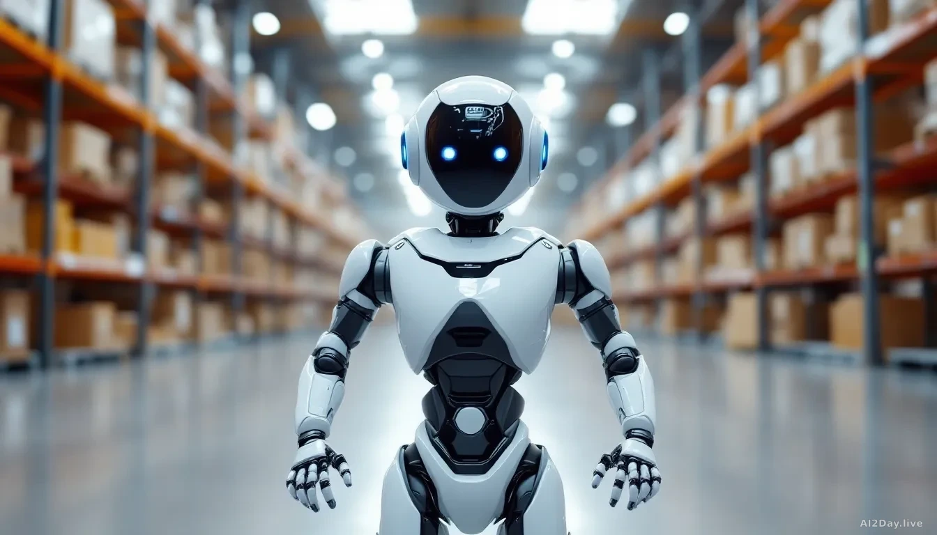 A sleek white and silver wheeled robot with a humanoid upper torso and articulated five-fingered hands stands in a bright modern warehouse, rows of shelving vis