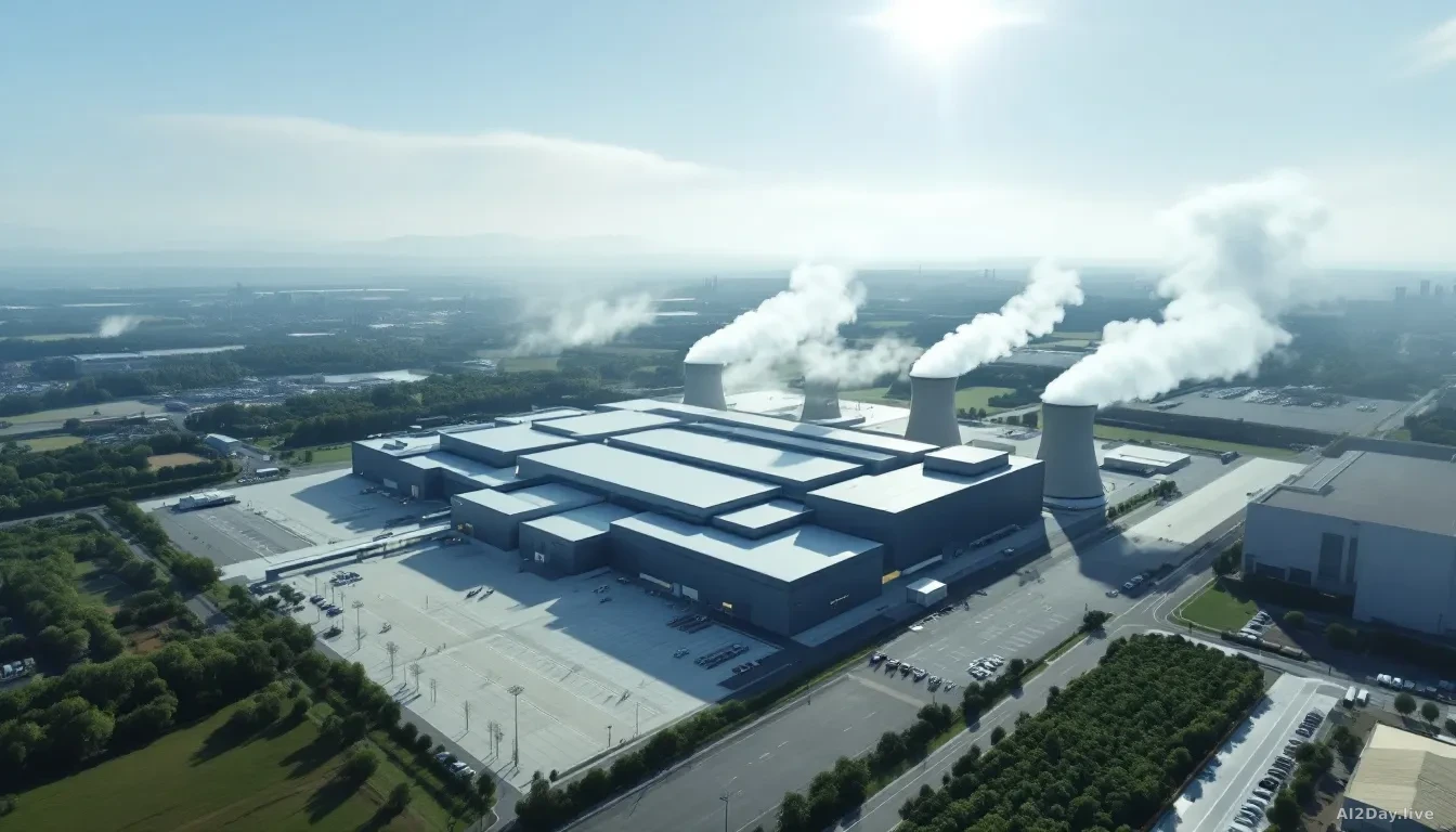 Aerial view of a large grey data centre building complex surrounded by flat land, cooling towers emitting white vapour, shot in sharp daylight with a blue sky, 