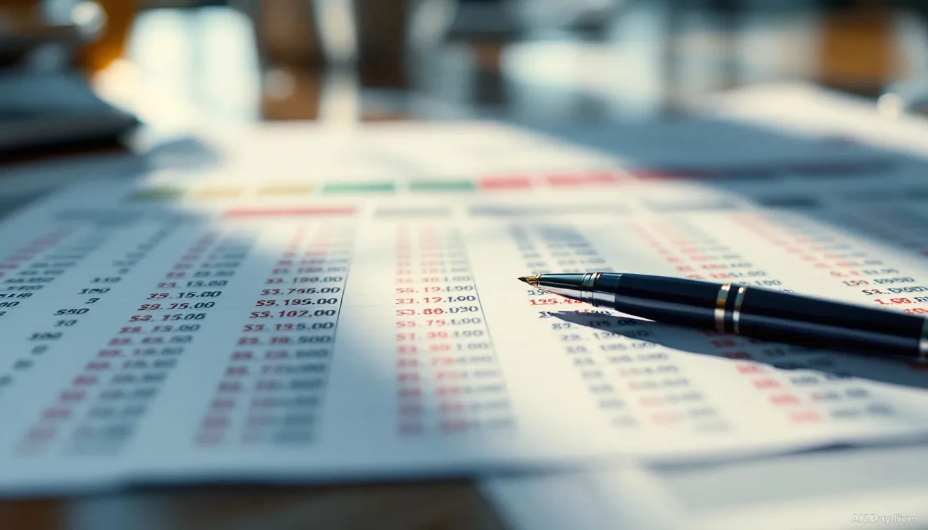 A close-up, news-editorial photograph of a large printed spreadsheet covered in red negative numbers and cost figures, lying on a polished boardroom table