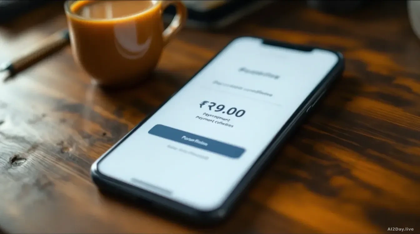A close-up, edge-to-edge 16:9 photograph of a smartphone screen displaying a payment confirmation in Indian rupees, resting on a wooden desk beside a chai glass