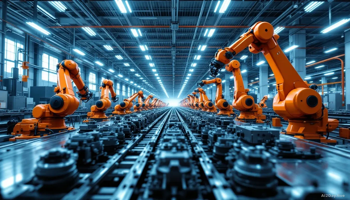 A large, brightly lit modern factory floor filled with orange industrial robotic arms in motion, assembling metal components on a conveyor line, overhead fluore