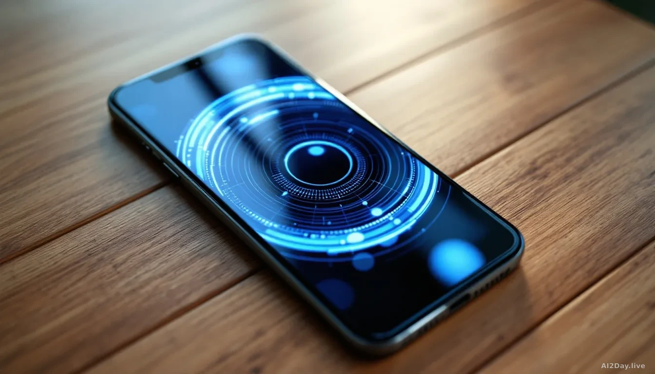 Close-up top-down view of a modern smartphone lying on a wooden desk, its glowing screen displaying abstract circular animated light patterns in soft blue and w