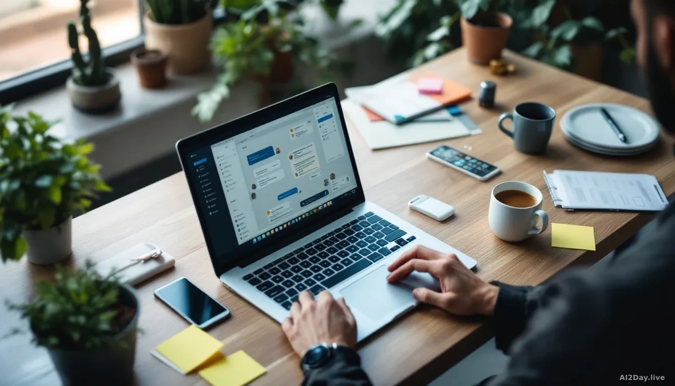 A modern open-plan office desk seen from above at a slight angle, 16:9 framing, with a laptop showing a clean chat interface, a smartphone, a coffee cup, and sc