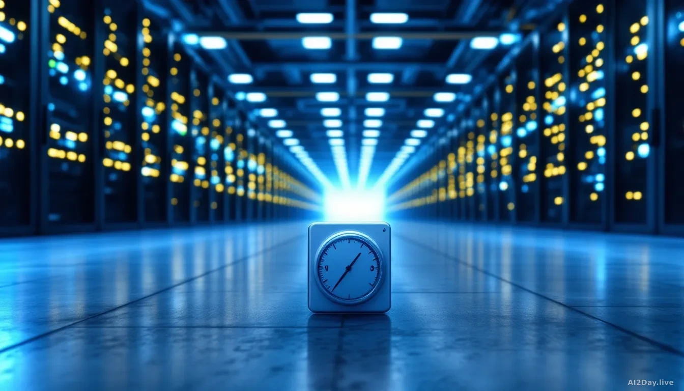 A wide 16:9 editorial photograph of a large server room lit in cool blue light, with rows of blinking hardware receding into the distance