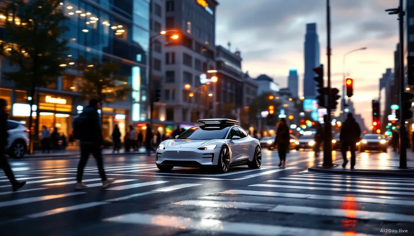 A modern urban street at dusk photographed from street level, showing a sleek electric vehicle with a sensor array on its roof waiting at a glowing crosswalk, s