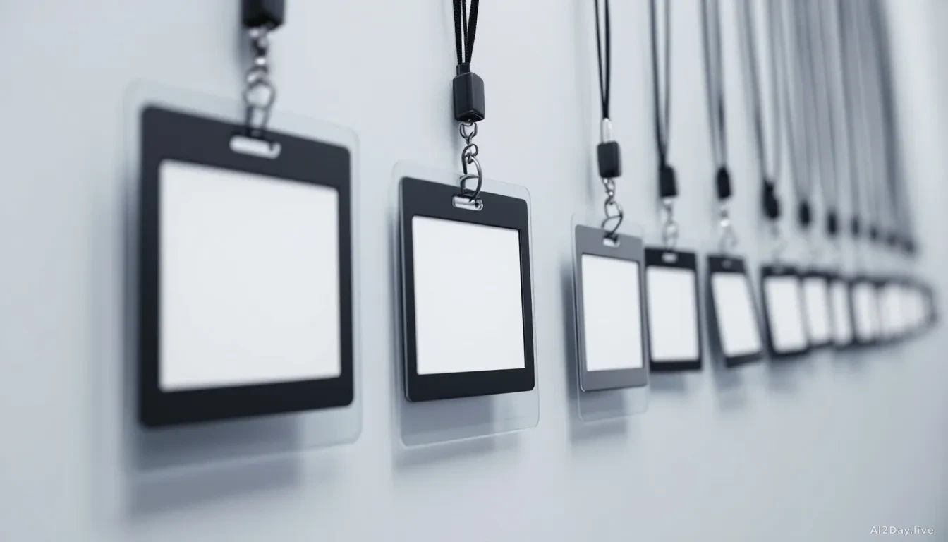 A row of identical plain name-badge lanyards hanging on a clean white wall, each badge blank, shot from a low angle in sharp editorial light, 16:9 framing, phot
