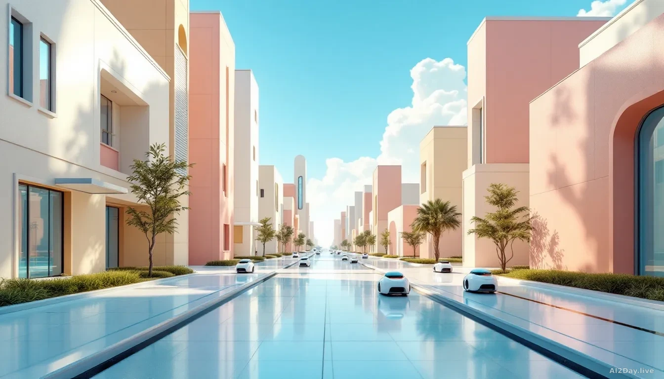 A gleaming futuristic city under a perfectly blue artificial sky, seen from street level, with small rounded white maintenance robots moving along clean geometr