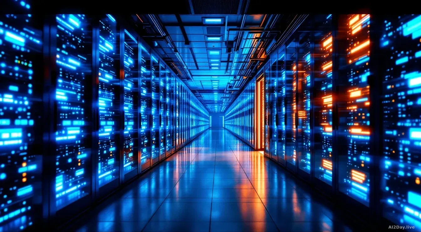 Photoreal news-editorial 16:9 image: a vast server room shot from floor level looking down a long corridor of glowing blue and white server racks, with warm amb