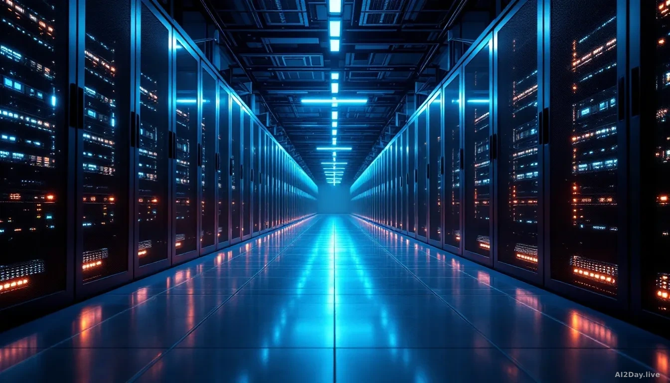 A vast, modern GPU data centre interior photographed at floor level, rows of illuminated server racks receding into the distance, cool blue and white light refl