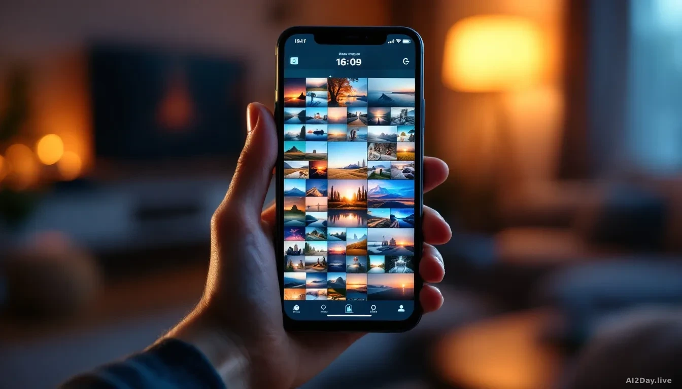 A modern smartphone held in one hand, screen glowing with a colourful grid of generated and photographed images blending together, soft studio lighting, shallow