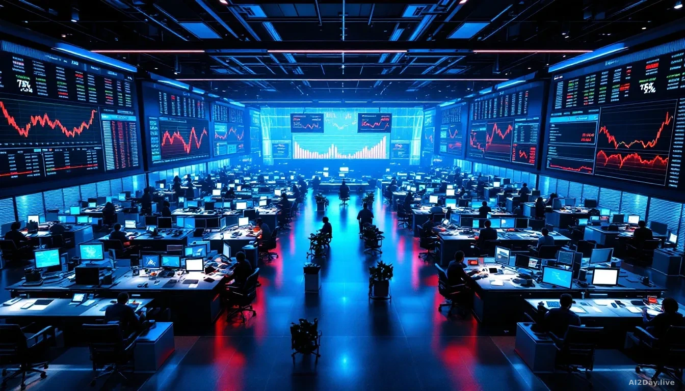 A wide 16:9 editorial photograph of a large modern stock trading floor seen from above, screens and monitors displaying falling red graph lines and percentage n