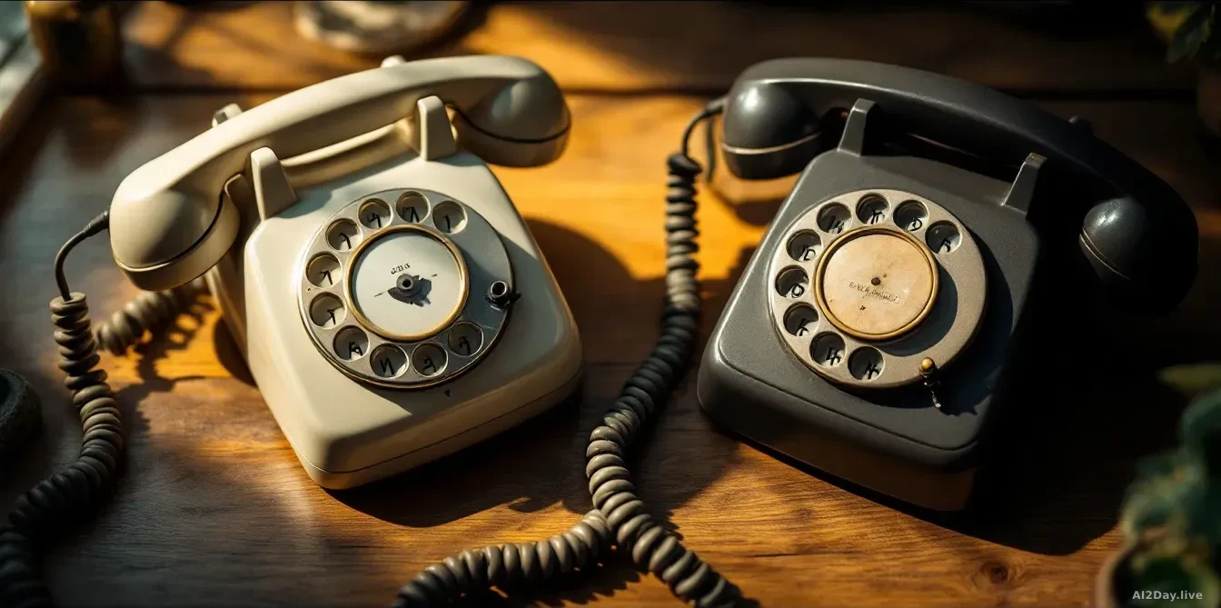A close-up of two vintage-style telephone handsets lying side by side on a warm-toned wooden surface, soft natural light casting gentle shadows, 16:9 framing, p